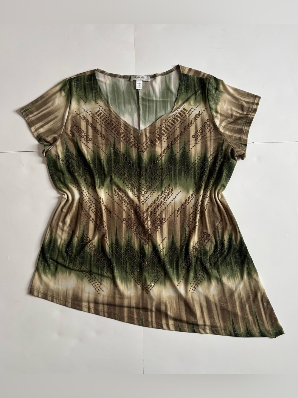 dressbarn Beaded Short Sleeve V-Neck Top in Green & Brown